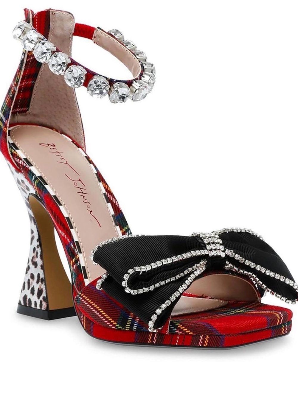 Betsey Johnson Red Plaid Heels with Black Bow and Crystal Trim straps. - Picture 5 of 5